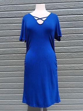 VENUS Royal Blue Short Sleeve Midi Dress with Crisscross Neck